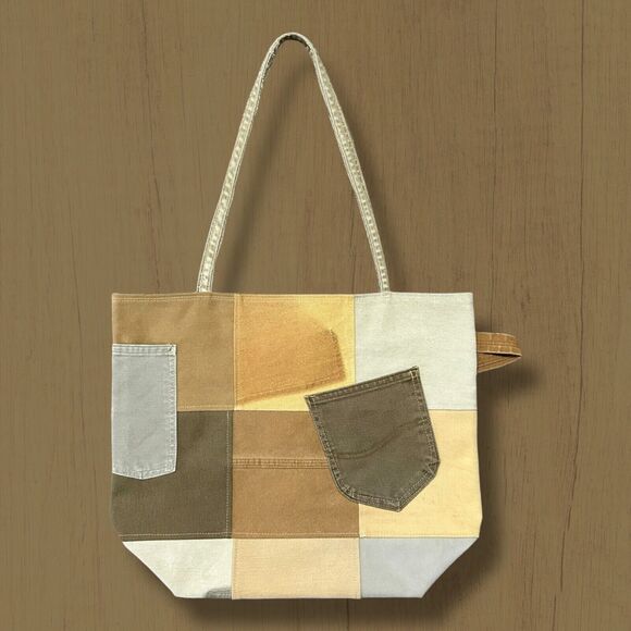 Handmade Bag Patchwork Canvas Denim Earth Tone 12x6.5x15 - Picture 1 of 11